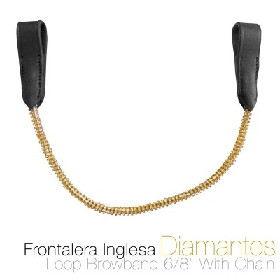 Frontalera Inglesa Loop Browband com corrente dourada e couro preto