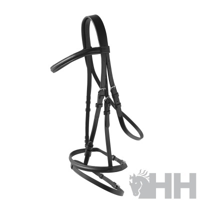 Bridão de cavalo em couro preto com correias ajustáveis e fivela metálica