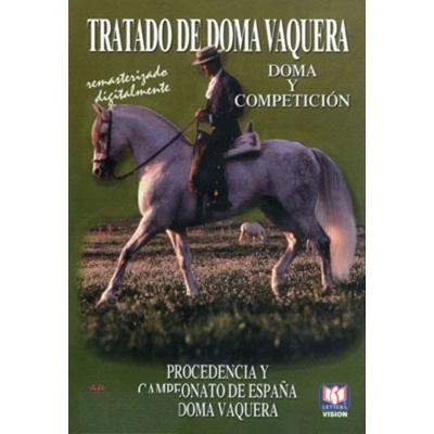 Capa de livro com homem a cavalgar cavalo cinzento e texto em espanhol sobre doma vaquera