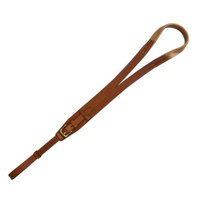 Correia de guitarra em couro castanho com fivela dourada ajustável