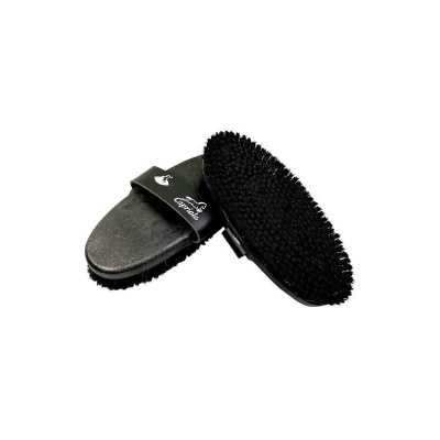 Escova oval preta com cerdas densas e pega preta com etiqueta