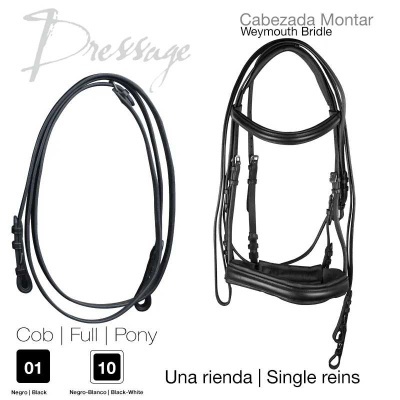 Cabeçada de montar Weymouth Bridle em couro preto com rédea simples preta para equitação