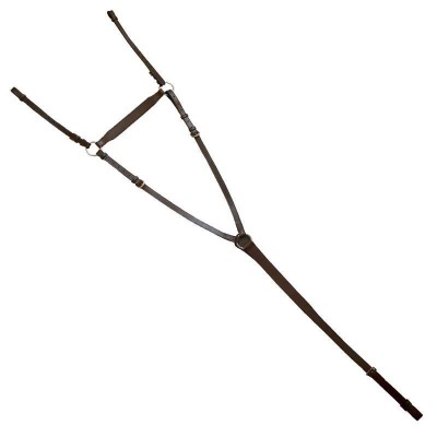 Arreio de cavalo em couro castanho escuro com fivelas metálicas