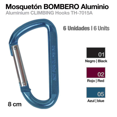 Mosquetão de alumínio azul para escalada com fecho metálico e texto gravado.