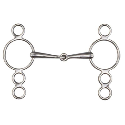 Freio de cavalo metálico prateado com anéis circulares