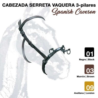 Cabeçada serreta vaquera 3-pilares Spanish Caveson em três cores