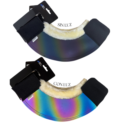 duas faixas refletoras coloridas com interior em pelo e etiquetas