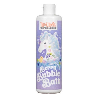 Frasco branco com etiqueta roxa, ilustração de unicórnio e texto Bubble Bath