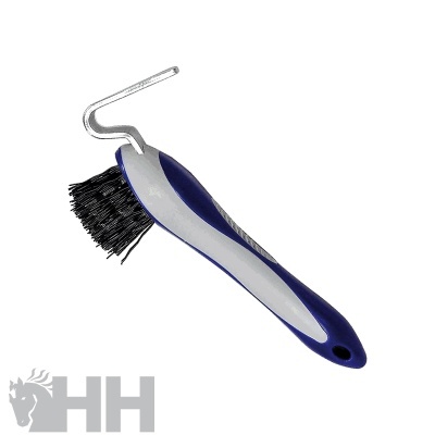 Escova de limpeza para ferraduras com cabo azul e cinzento e lâmina metálica curva