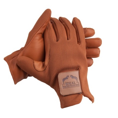 Par de luvas castanhas com palma em pele lisa e costas em tecido texturizado