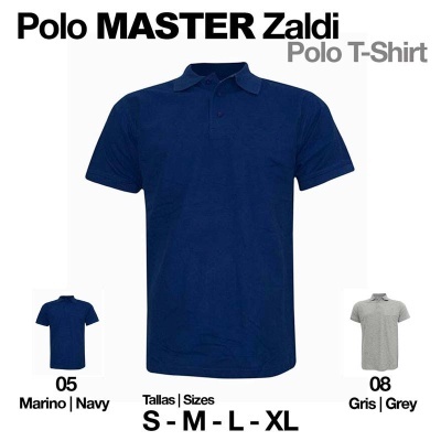 Dois polos Zaldi MASTER em azul marinho e cinza, com gola e botões, indicados para vários tamanhos.