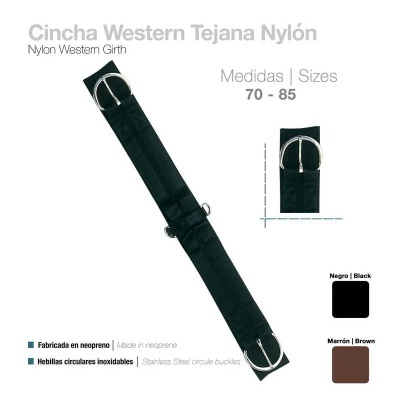 Cincha Western Tejana preta de nylon e neoprene com fivelas circulares inoxidáveis