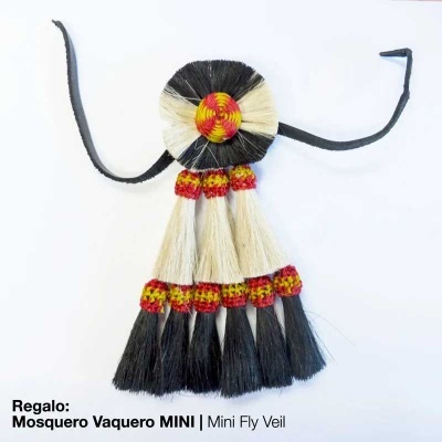 Mosqueiro vaqueiro mini com franjas coloridas e tiras para amarrar sobre fundo branco