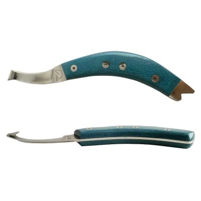Instrumentos com pega azul e lâminas metálicas curvas