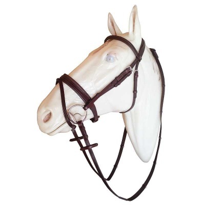 Cabeça de cavalo artificial com cabeçada castanho escuro