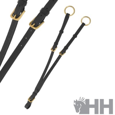 Correias pretas de couro com fivelas douradas e argolas metálicas com logótipo HH