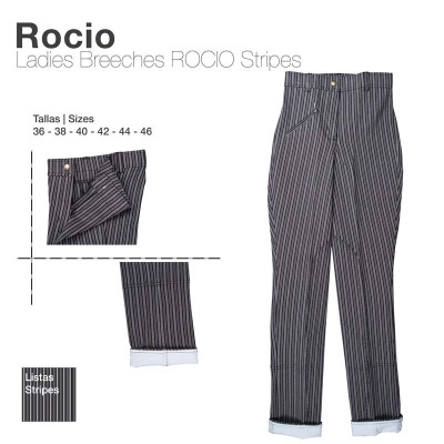 Calças femininas cinza às riscas brancas com bainha branca