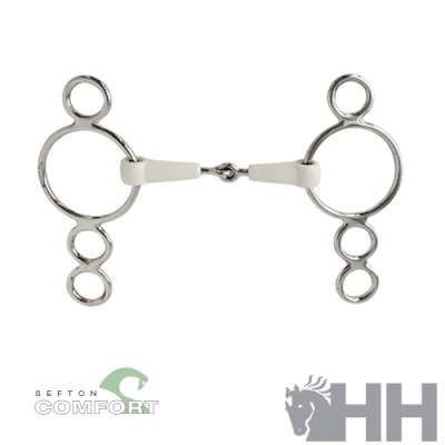 Freio metálico com partes em plástico branco e três argolas em cada lado