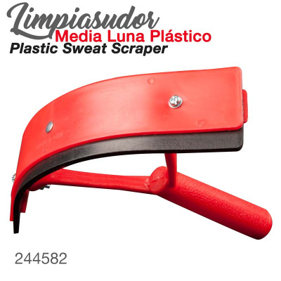 Raspador de suor de plástico vermelho com lâmina preta e texto descritivo