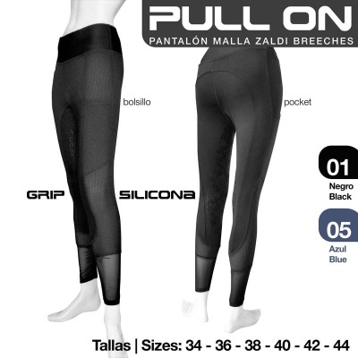 Calças pretas de malha Zaldi Breeches com grip de silicone e bolsos mostradas em manequim