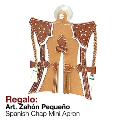 Avental pequeno tipo chap espanhol castanho com franjas e detalhes brancos