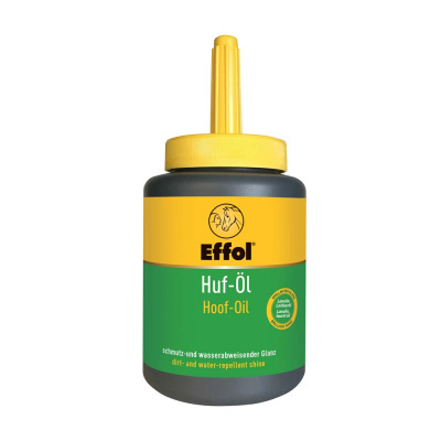 Frasco de óleo para cascos de cavalo Effol com rótulo amarelo e verde.