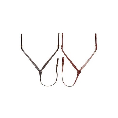 Duas peitorais de couro castanho para cavalo com fivelas e costuras, em fundo branco