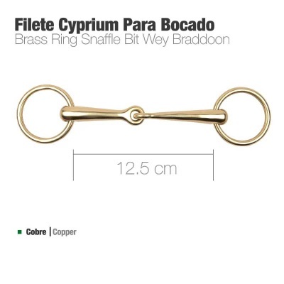 Filete para boca de cavalo em cobre com anéis circulares e peça central articulada, 12,5 cm.