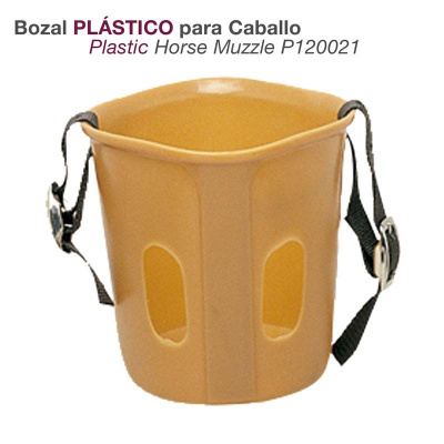 Bozal plástico bege para cavalo com aberturas e correias ajustáveis negras