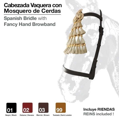 Cabeçada vaqueira com mosquero de cerdas e cores variadas, sobre fundo branco com texto.