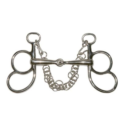 Freio de metal prateado para equitação com correntes e argolas