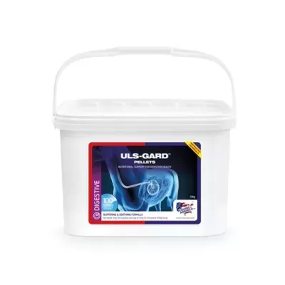 Recipiente branco com rótulo azul e vermelho de suplemento digestivo ULS-GARD PELLETS