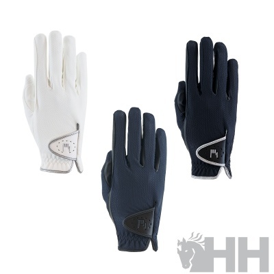 Luvas de equitação em azul escuro e branco com fecho HH e textura perfurada.