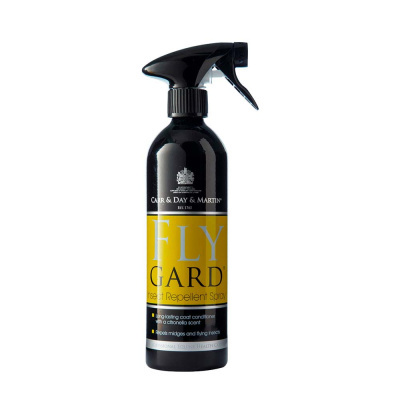 Spray repelente de insetos Fly Gard em frasco preto com etiqueta amarela e pulverizador preto