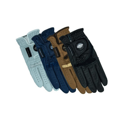 Conjunto de quatro luvas de couro para condução em cores cinza claro, azul, castanho e preto.