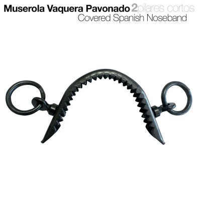 Muserola Vaquera Pavonado em metal preto com textura serrilhada e anéis circulares