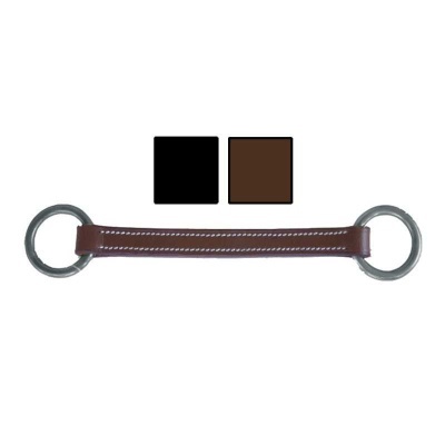 Tira de pele castanha com costura branca e argolas metálicas circulares nas extremidades