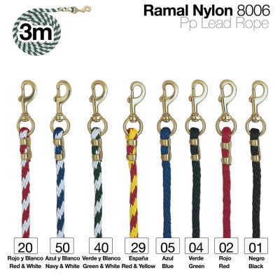 Oito ramais de nylon coloridos com mosquetões dourados e texto explicativo ao fundo.