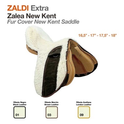 Capas de pele para sela de cavalo Zaldi Extra New Kent com pêlo branco e couro preto, castanho e castanho claro