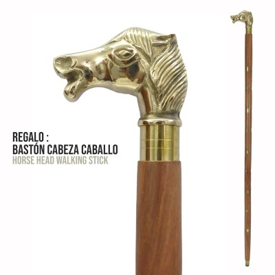 Bastão para andar com cabeça de cavalo em metal dourado e haste de madeira
