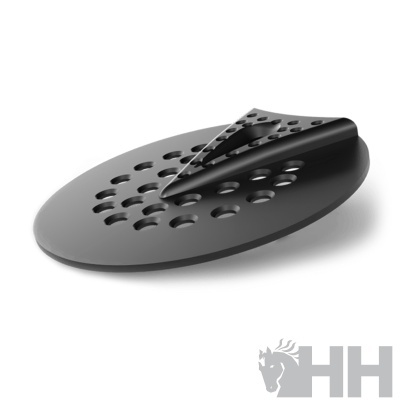 Produto plástico preto com buracos redondos e partes articuladas