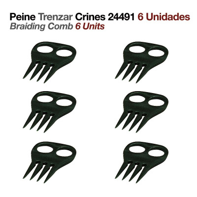 Seis pentes pretos para trançar cabelos com três dentes e dois orifícios para dedos, texto acima