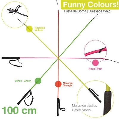 Chicotes de doma coloridos com cabo plástico e medidas visíveis