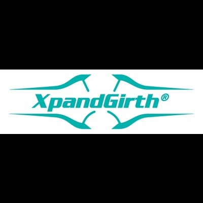 Logótipo azul com texto 'XpandGirth®' e design abstrato