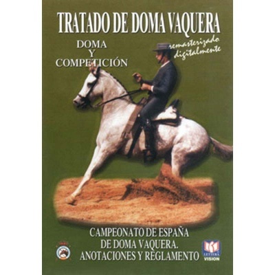 Capa de DVD ou livro sobre doma vaqueira com cavalo branco e cavaleiro em traje formal