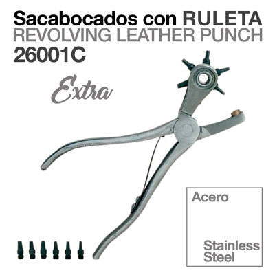 Alicate de metal cinzento para perfurações com rodas de lâminas, seis peças pequenas e texto em espanhol e inglês