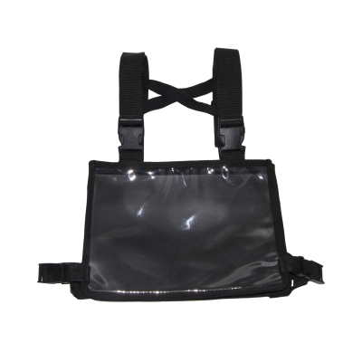 Bolsa preta com frente transparente e alças ajustáveis