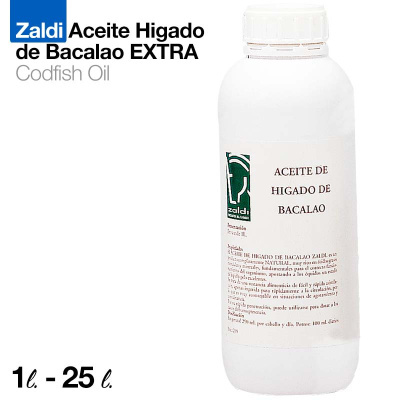 Frasco branco de óleo de fígado de bacalhau Zaldi com rótulo branco e texto castanho e verde