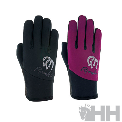 Par de luvas preto e roxo com símbolo de ferradura brilhante e texto Roach