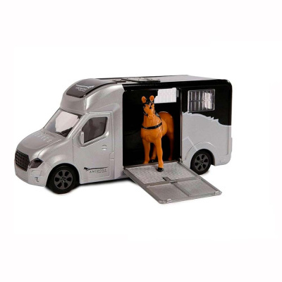 Carrinha de transporte de cavalos com cavalo de brinquedo castanho.